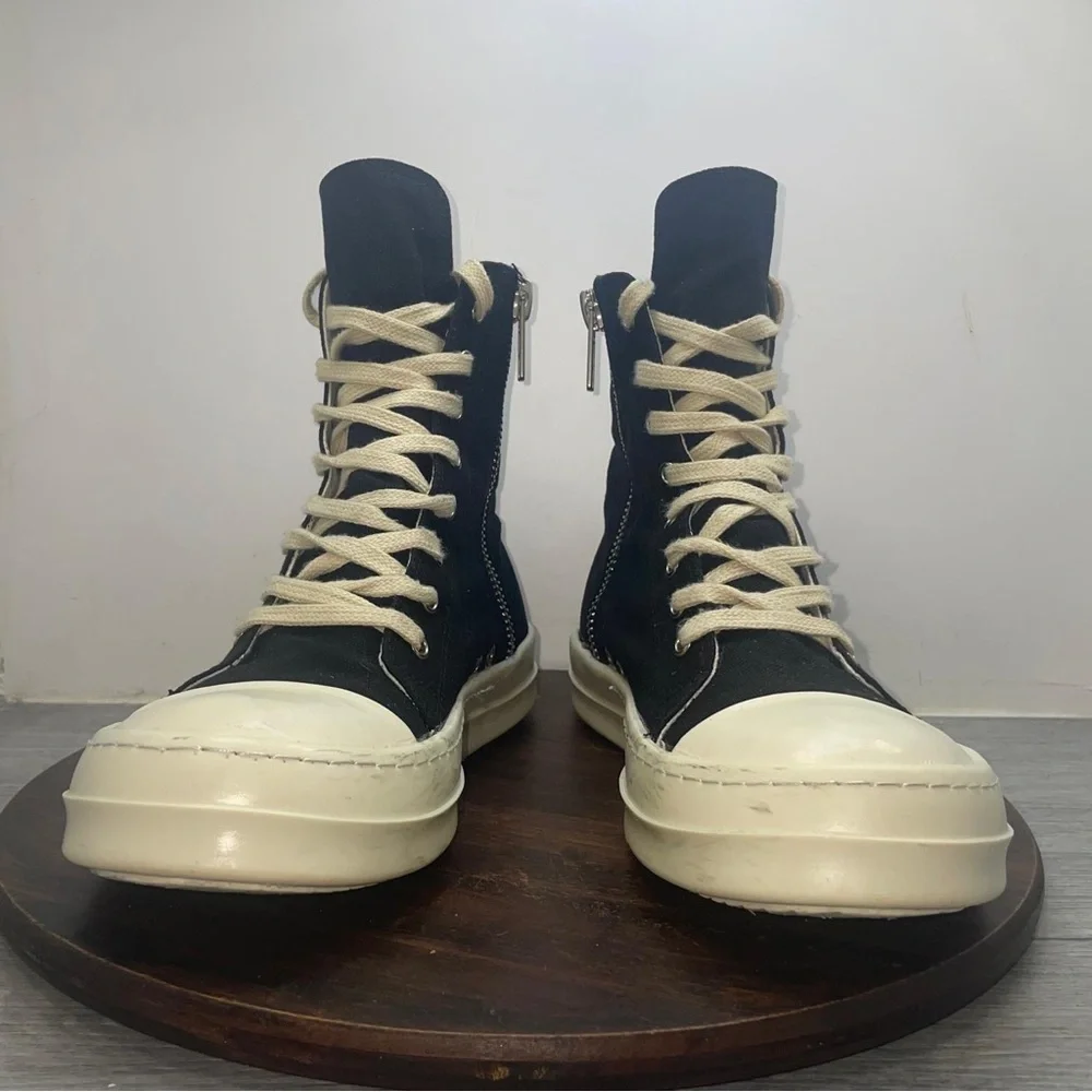 Rick Owens Black White Canvas High-Top Sneakers Lace Up Zipper Size 40